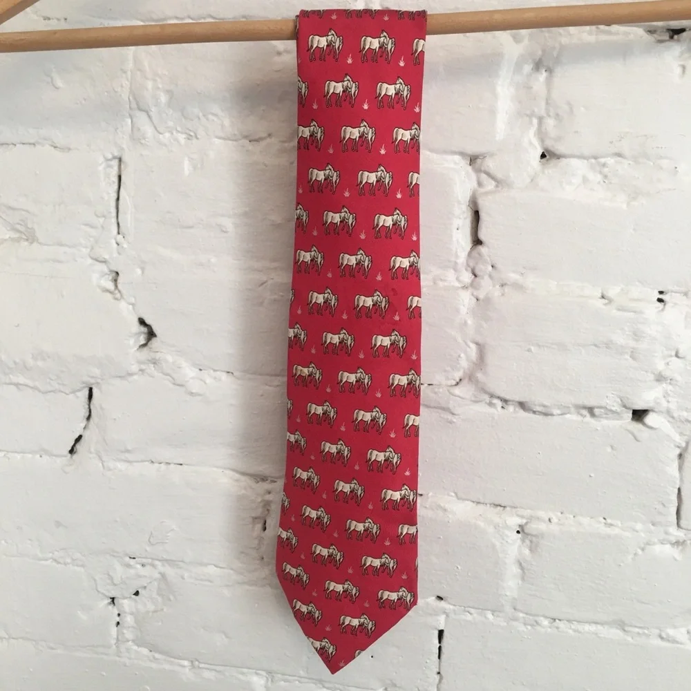 Hermes silk horse print necktie dark pink equestrian